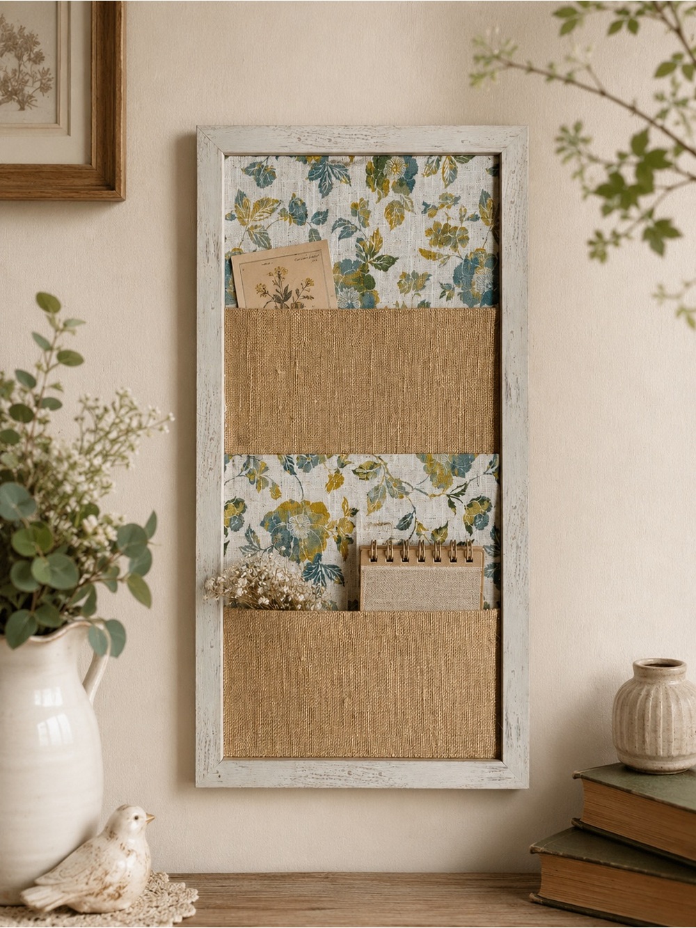 Wall-Mount Burlap Pocket Organizer with Floral Backing - Natural